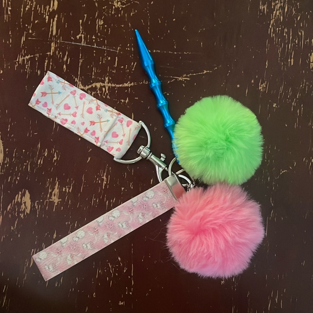 Keychain wristband, Pink & Green Fuzzy Pompoms, chapstick holder, glass breaker